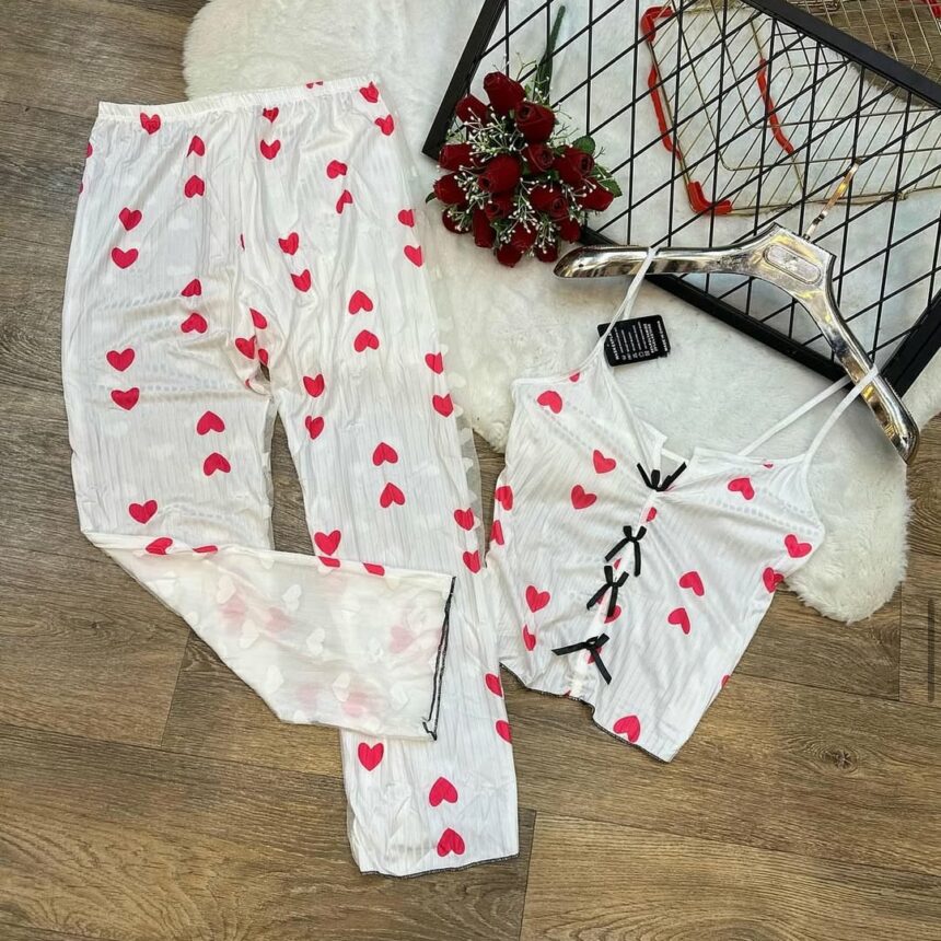Haute qualité doux coeur mignon cerise doux Sexy lisse Camisole pantalons longs ensemble luxe femmes vêtements de nuit vêtements de nuit pour les filles – Image 7