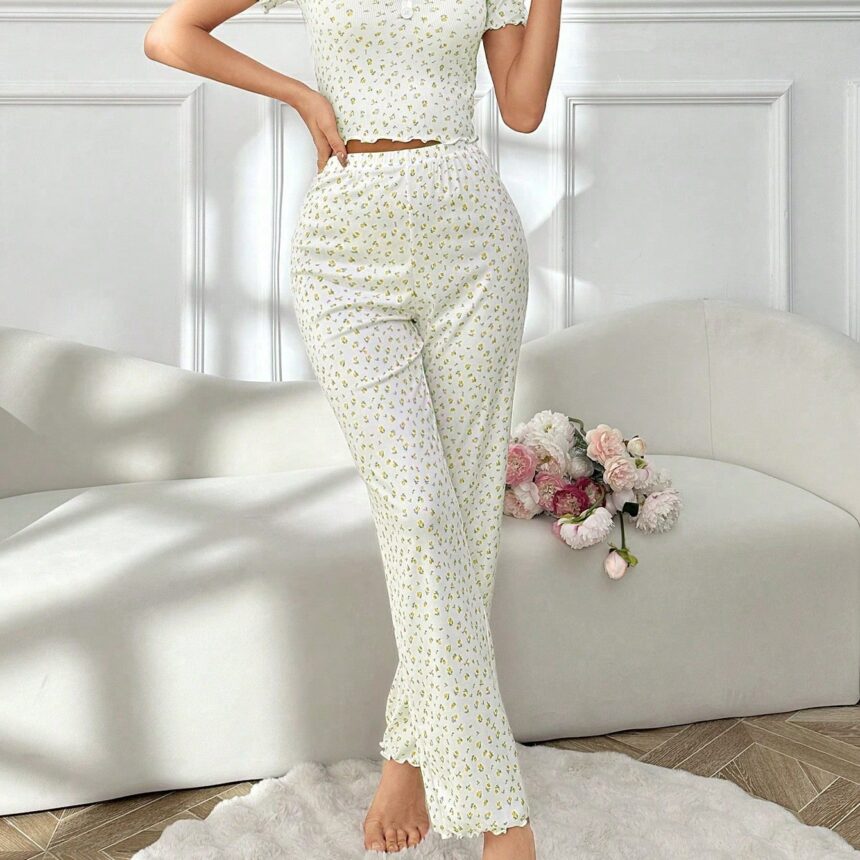 Pyjama florale à manches courtes et pantalon long – Image 6