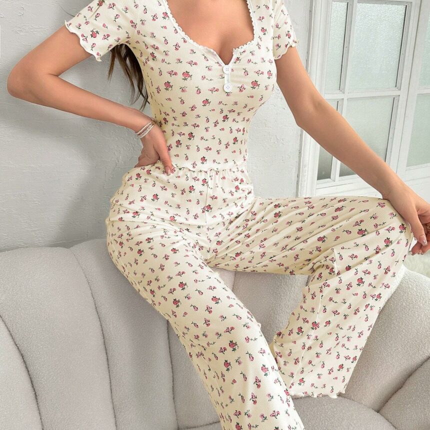 Pyjama florale à manches courtes et pantalon long – Image 8